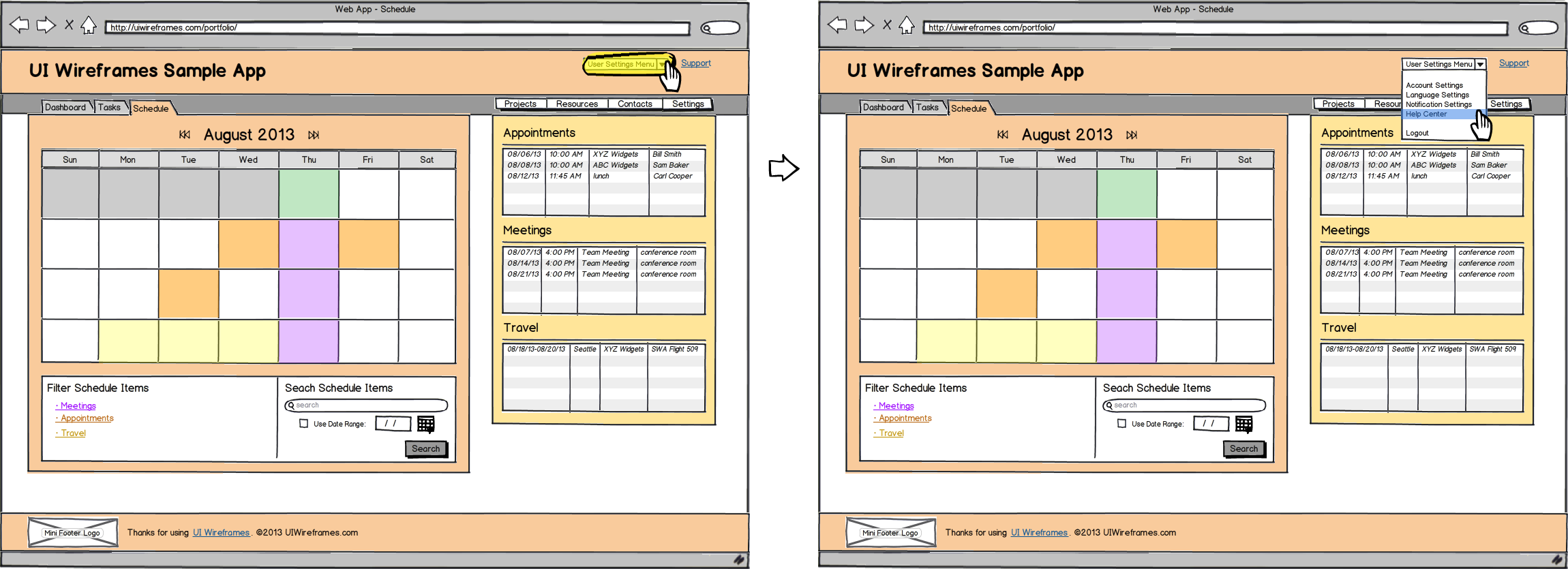 Web App Wireframe Sample - UI Wireframes Interaction Package